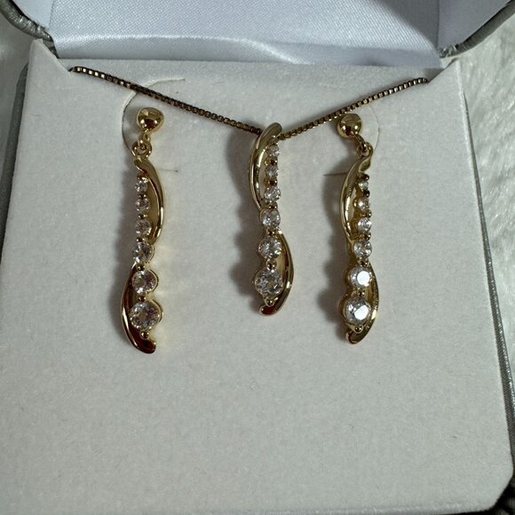 Gold Plated Sterling Silver Earrings & Necklace Set With CZ Stones JCPenney Box - Picture 1 of 4